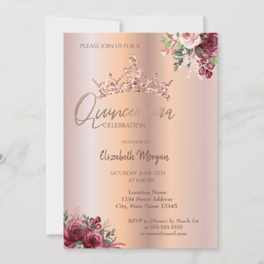 シックバラ金ゴールドグリッターフラワーズクラウンキンセアニラ 招待状 (正面)