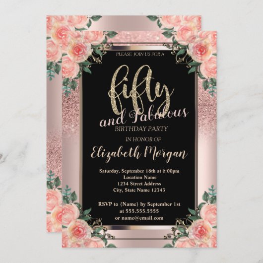 シックバラ金ゴールドグリッターフラワーズ50thバースデーパーティー 招待状 (正面/裏面)
