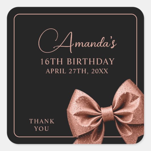 シックバラ金ゴールドグリッターボウスウィート16誕生日 スクエアシール (正面)