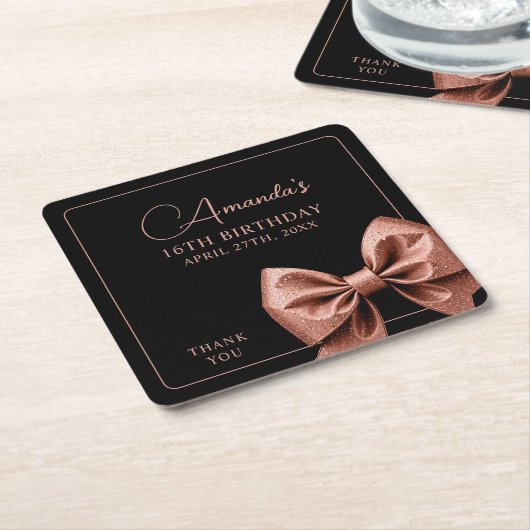 シックバラ金ゴールドグリッターボウスウィート16誕生日 スクエアペーパーコースター (アングル)