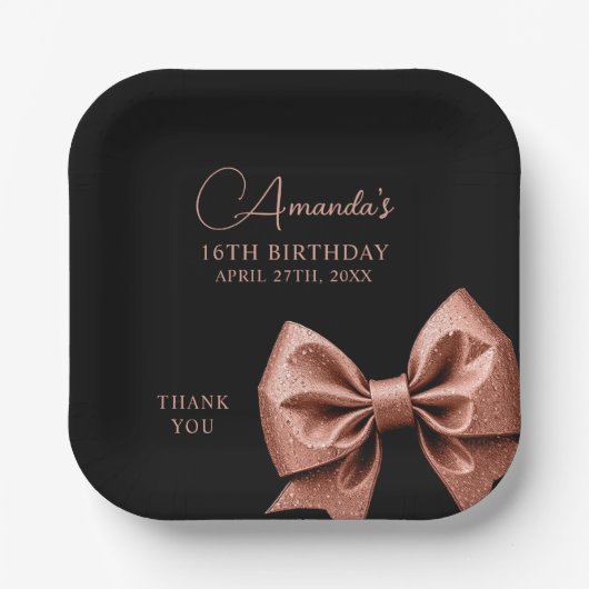 シックバラ金ゴールドグリッターボウスウィート16誕生日 ペーパープレート (正面)