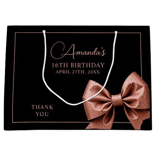 シックバラ金ゴールドグリッターボウスウィート16誕生日 ラージペーパーバッグ (正面)