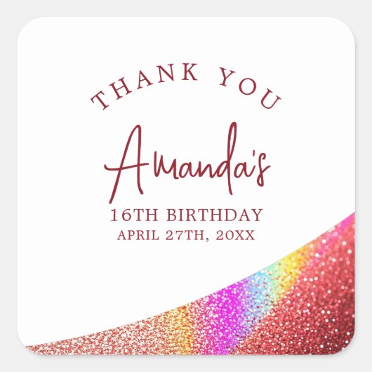 シックバラ金ゴールドグリッターレインボースウィート16誕生日 スクエアシール (正面)