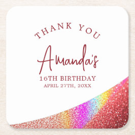 シックバラ金ゴールドグリッターレインボースウィート16誕生日 スクエアペーパーコースター