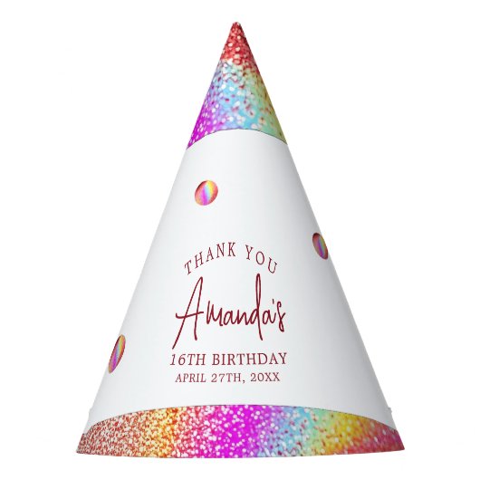 シックバラ金ゴールドグリッターレインボースウィート16誕生日 パーティーハット (正面)