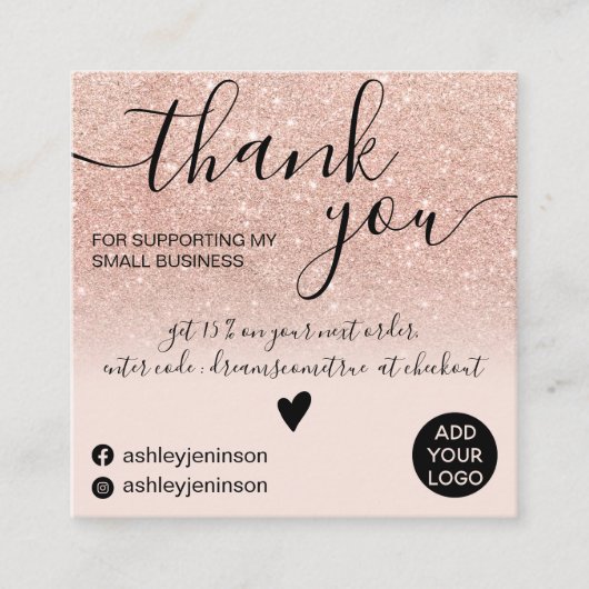 シックバラ金ゴールドグリッター赤面ピンクオーダ感謝していーユー スクエア名刺 (正面)