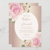 シックバラ金ゴールドスクリプトウォーターカラーフローラ結婚ズ 招待状 (正面/裏面)