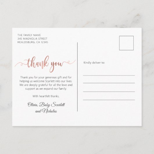 シックバラ金ゴールドスクリプトベビーフォトコラージュありがとう ポストカード (裏面)