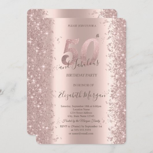 シックバラ金ゴールドスパークルダイヤモンド50誕生日 招待状 (正面/裏面)