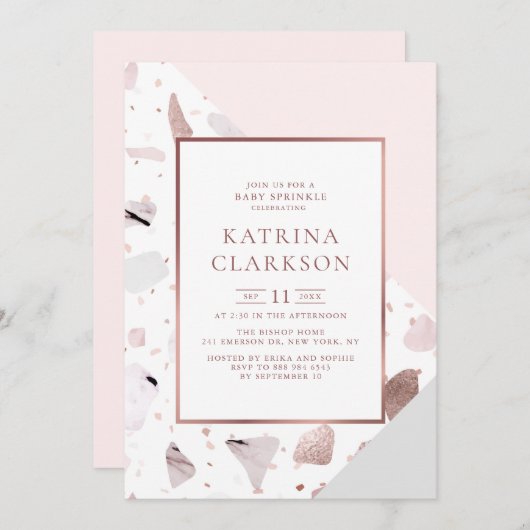 シックバラ金ゴールドテラゾパターンガールベビー散水 招待状 (正面/裏面)