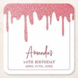 シックバラ金ゴールドドリップグリッタースウィート16誕生日 スクエアペーパーコースター