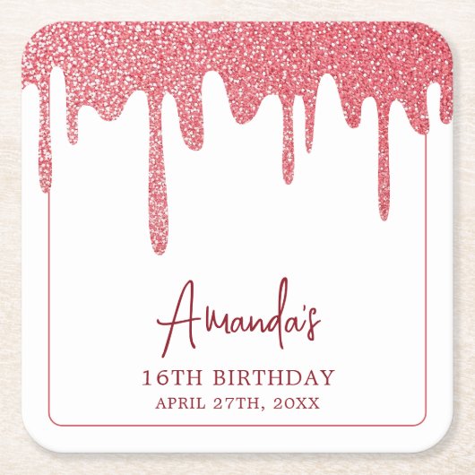 シックバラ金ゴールドドリップグリッタースウィート16誕生日 スクエアペーパーコースター (正面)