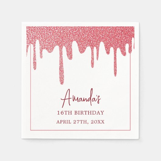 シックバラ金ゴールドドリップグリッタースウィート16誕生日 スタンダードカクテルナプキン (正面)