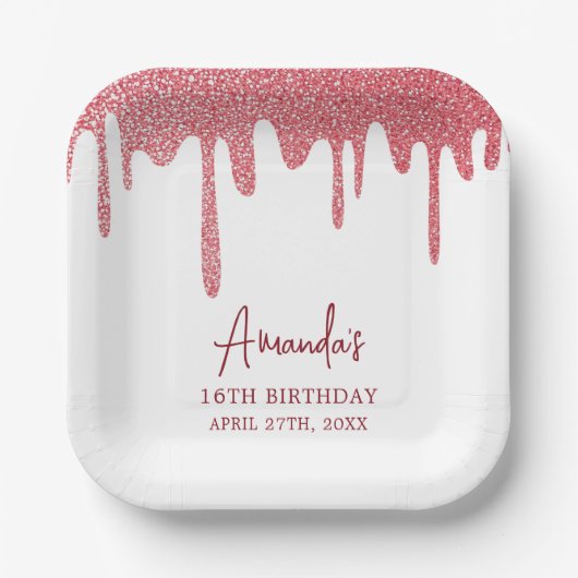 シックバラ金ゴールドドリップグリッタースウィート16誕生日 ペーパープレート (正面)