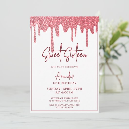 シックバラ金ゴールドドリップグリッタースウィート16誕生日 招待状 (スタンド正面)