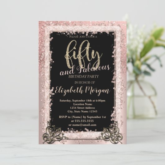 シックバラ金ゴールドフレームグリッター50thバースデーパーティー 招待状 (スタンド正面)