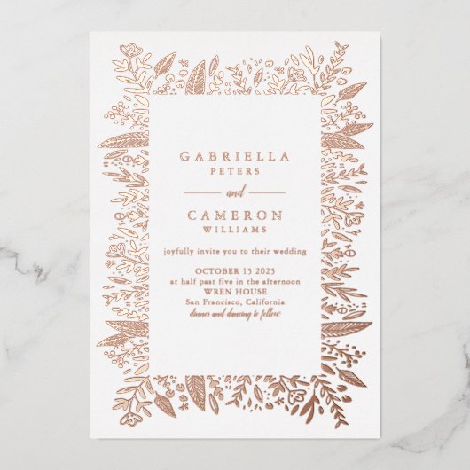 シックバラ金ゴールドフローララインアートスケッチ結婚ズ 箔招待状 (正面)