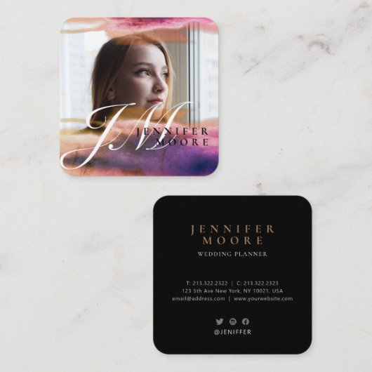 シックバラ金ゴールドブルーウォーターカラーモノグラムフォト スクエア名刺 (正面/裏面)