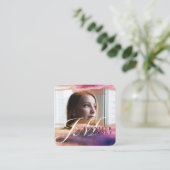 シックバラ金ゴールドブルーウォーターカラーモノグラムフォト スクエア名刺 (スタンド正面)