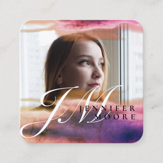 シックバラ金ゴールドブルーウォーターカラーモノグラムフォト スクエア名刺 (正面)