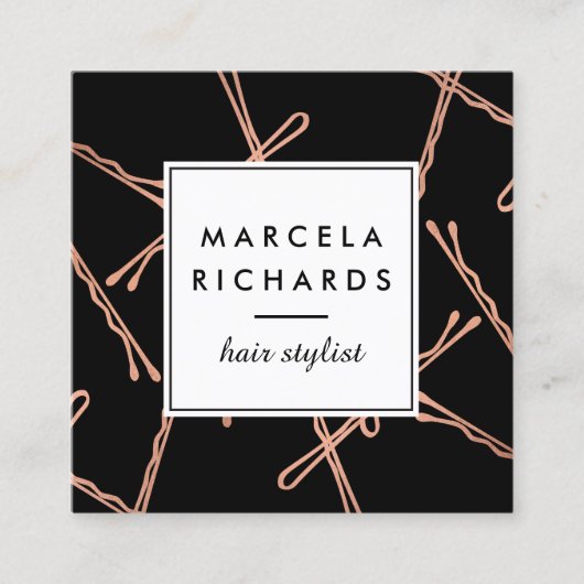 シックバラ金ゴールドボビーピン美容師サロンブラック スクエア名刺 (正面)