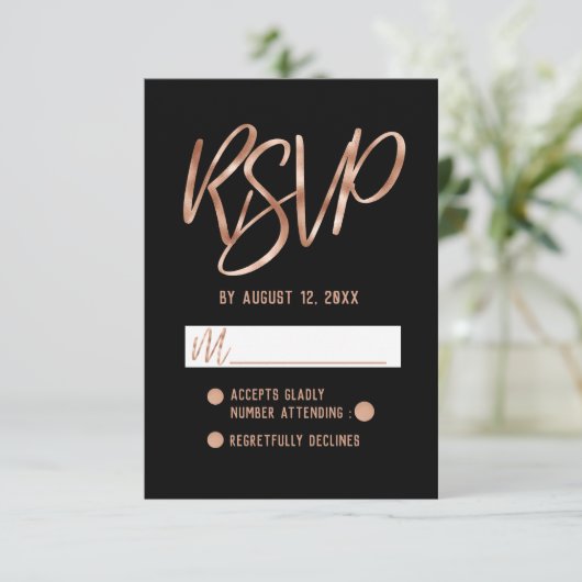 シックバラ金ゴールドモダンタイポグラフィウェディングRSVP 出欠カード (スタンド正面)