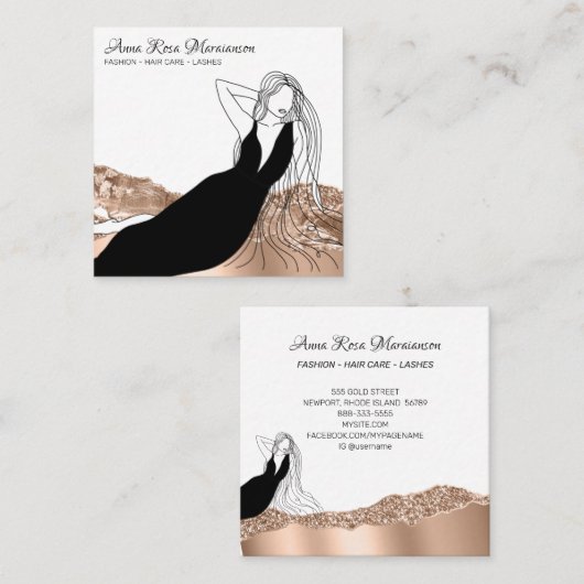 *~*シックバラ金ゴールドロングヘアウーマン美しいファッション スクエア名刺 (正面/裏面)