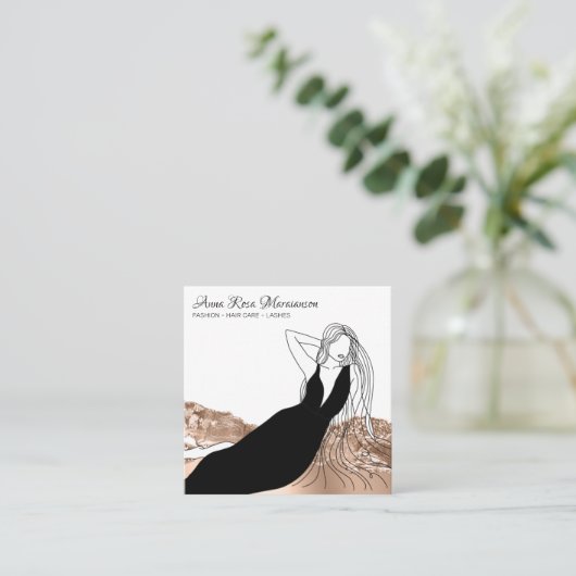 *~*シックバラ金ゴールドロングヘアウーマン美しいファッション スクエア名刺 (スタンド正面)