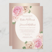 シックバラ金ゴールド水彩フローラ婚約パーティ 招待状 (正面/裏面)