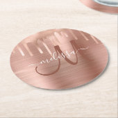 シックバラ金ゴールド滴ブラシ付きメタルモノグラム ラウンドペーパーコースター (アングル)