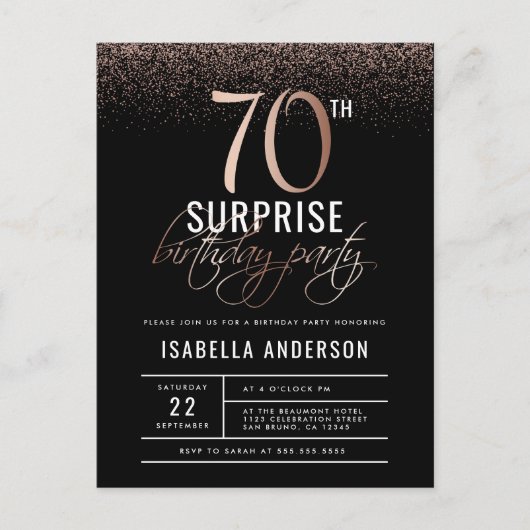 シックバラ金ゴールド70thサプライズバースデーパーティー インビテーションポストカード (正面)