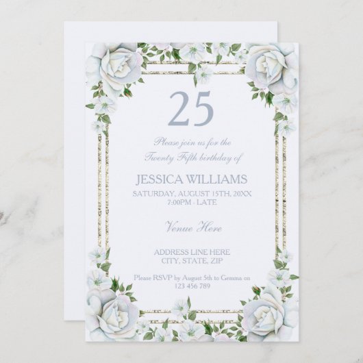 シックバラ&シルバー縁どフローラ25th誕生日 招待状 (正面/裏面)