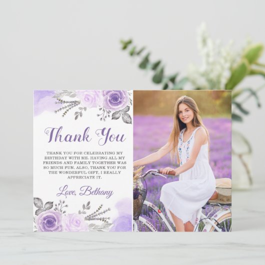 シックパステルパープルバラガーデン誕生日写真 サンキューカード (スタンド正面)