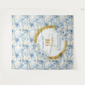 シックパステルブルーSweet sixteen金ゴールドグリッターバナー タペストリー (正面(横))