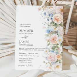 シックパステル赤面ホワイトブルーバラフローラ結婚ズ 招待状