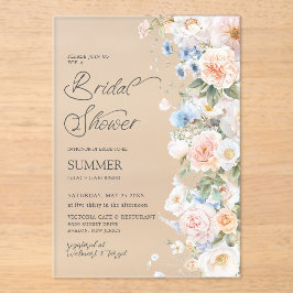 シックパステル赤面ホワイトブルーフローラブライダルシャワー アクリル招待状