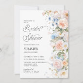 シックパステル赤面ホワイトブルーフローラブライダルシャワー 招待状 (正面)