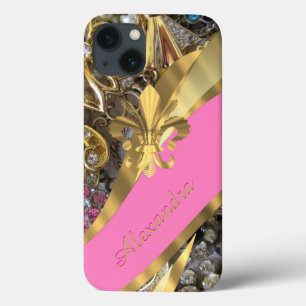 シックパーソナライズされたなエレガント金ゴールドとピンクきらきら光る色 iPhone 13ケース