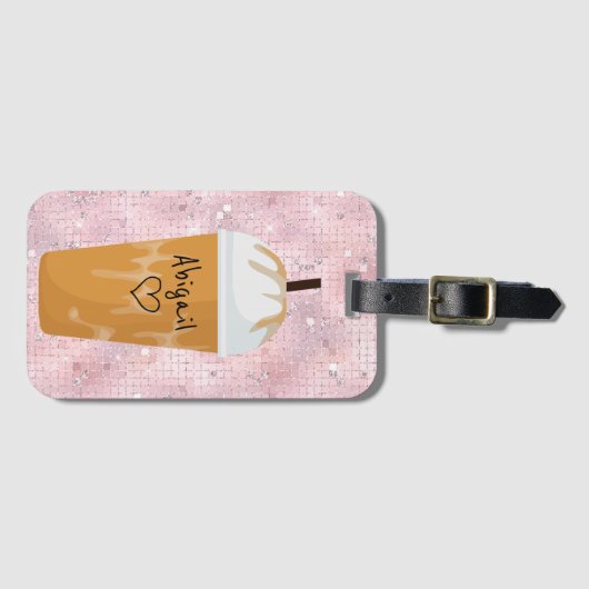 シックパーソナライズされたアイスコーヒーきらきら光るピンク ラゲッジタグ (正面横)