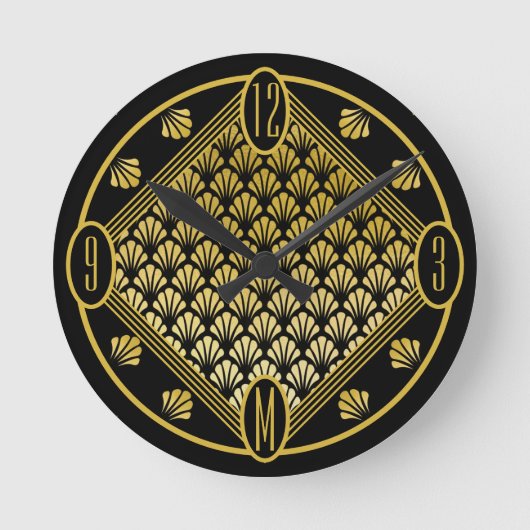 シックパーソナライズされたアールデコファンパターンモノグラム ラウンド壁時計 (正面)