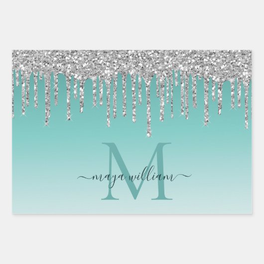 シックパーソナライズされたダスティブルーグリッタードリップスグラム ラッピングペーパーシート (正面3)