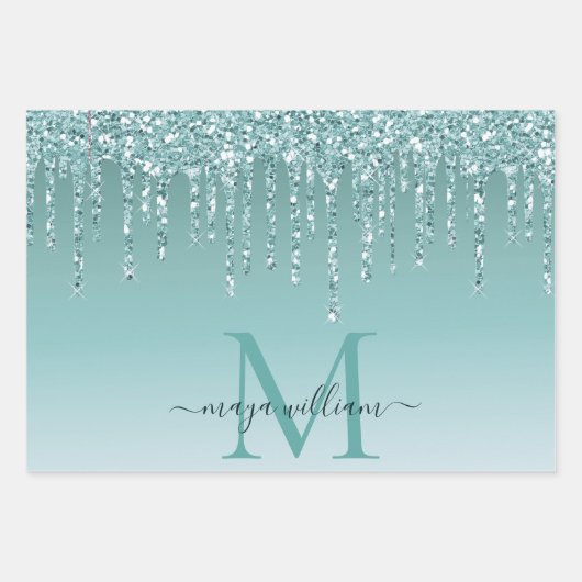 シックパーソナライズされたダスティブルーグリッタードリップスグラム ラッピングペーパーシート (正面2)