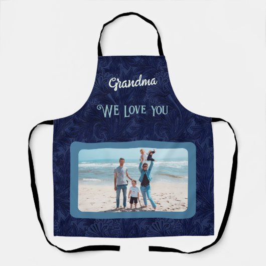 シックパーソナライズされたフォト文字おばあちゃんギフトブルー エプロン (正面)
