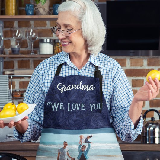 シックパーソナライズされたフォト文字おばあちゃんギフトブルー エプロン