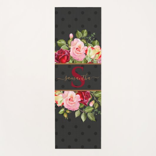 シックパーソナライズされたブラック水玉模様とバラ ヨガマット (正面)