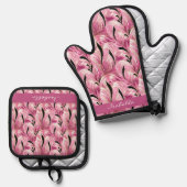 シックパーソナライズされたラグジュアリーピンクグレームパターン 鍋つかみ&鍋敷きセット (正面/裏面)