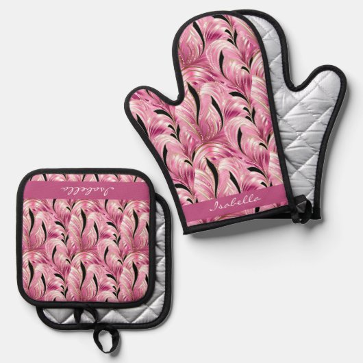 シックパーソナライズされたラグジュアリーピンクグレームパターン 鍋つかみ&鍋敷きセット (正面/裏面)