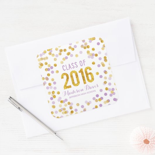 シックパープルと金ゴールドグリッター卒業 スクエアシール (封筒)