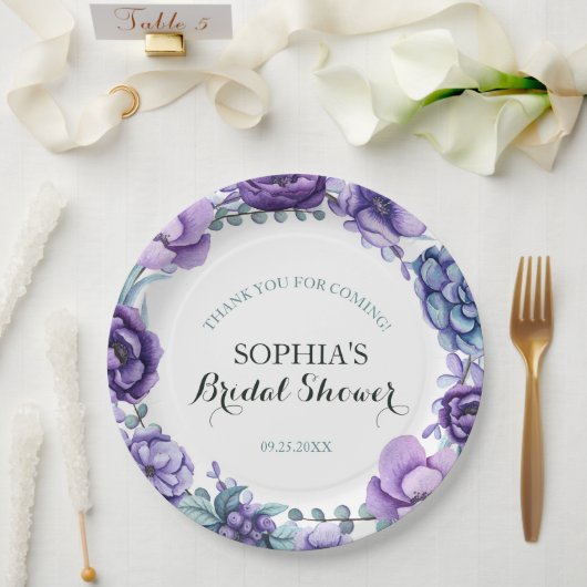 シックパープルウォーターカラーフローラブライダルシャワー ペーパープレート (ウェディング)