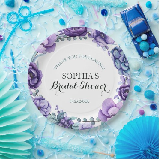 シックパープルウォーターカラーフローラブライダルシャワー ペーパープレート (パーティー)